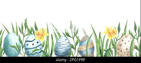 Aquarell Ostern nahtlose Eier, Äste, grüne Blätter, gelbe Blumen. Stockfoto