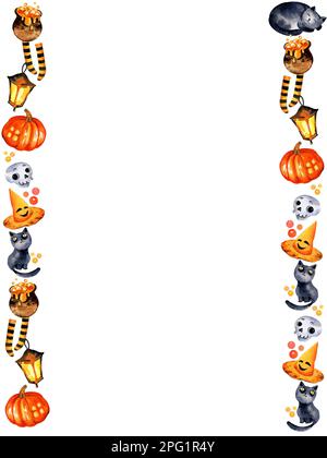 Aquarelle Darstellung des halloween-Themas mit schwarzer Katze, Kürbis, Trank, Schädel und anderen, Grenze, Platz für Text auf weißem Hintergrund Stockfoto