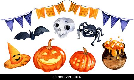 Aquarell halloween-Motiv mit Fledermaus, Kürbis, Spinne, Hut und anderen, handgezeichnete Illustration, Skizze auf weißem Hintergrund Stockfoto
