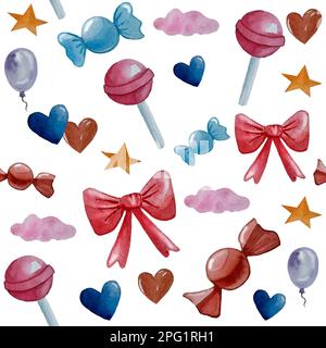 Aquarellmuster mit Band, Lollypop, Süßigkeiten, Stern, Herz. Stockfoto