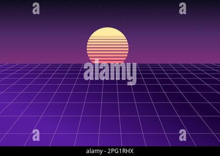 Futuristische Szene im Retro-3D-Stil bei Sonnenuntergang. Digitaler Retro-Cyber-Grafikhintergrund mit Gitterboden. Stock Vektor