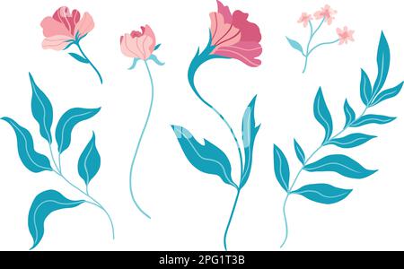 Set mit Blumenelementen im flachen Minimalismus-Stil. Botanische Sammlung. Handgezeichnete Vektordarstellung. Isoliert auf weißem Hintergrund. Stock Vektor