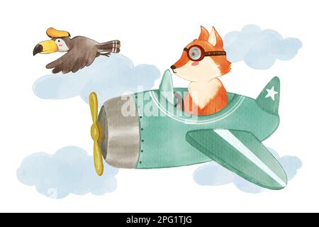 Fox fliegt mit dem Hornvogel in den Himmel. Realistische Aquarellfarbe mit Papierstruktur. Zeichentrickfigur. Vector . Stock Vektor