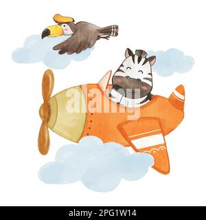 Zebra fliegt mit dem Hornvogel in den Himmel. Realistische Aquarellfarbe mit Papierstruktur. Zeichentrickfigur. Vector . Stock Vektor