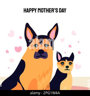 Happy Mother's Day Design mit deutschem Schäferhund und einem kleinen Welpen um sie herum. Für Hirtenliebhaber überall. Ich liebe dich, Mom. Die beste Mutter aller Zeiten Stock Vektor