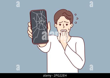 Der Mensch reagiert emotional auf ein defektes Telefon, indem er die Hand in den Mund bringt und einen Schock aufgrund eines Zusammenbruchs erleidet. Ein Typ mit einem defekten Smartphone muss die Anzeigematrix durch die Mitarbeiter des Service Centers ersetzen Stock Vektor
