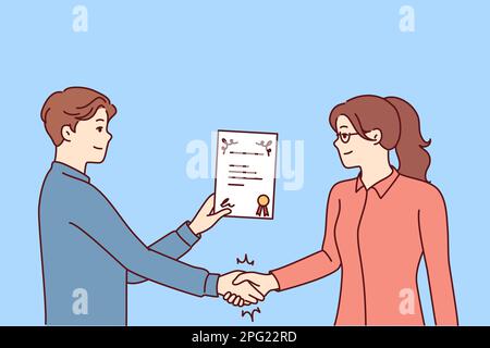 Der Chef gibt der Frau ein Zertifikat für den erfolgreichen Start des Projekts oder die Steigerung des Unternehmensgewinns. Das Mädchen erhält ein Diplom oder einen Gutschein, mit dem der Abschluss eines Studiums oder eines Berufskurses bestätigt wird Stock Vektor