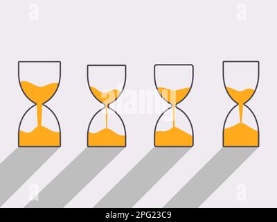 Sanduhr-Symbolsatz. Zeitschaltuhr aus Sandglas. Sanduhr im flachen Stil. Symbol der Zeit und des Wartens. Ich gieße Sand. Design von Bannern, Marketing, Werbematerial Stock Vektor