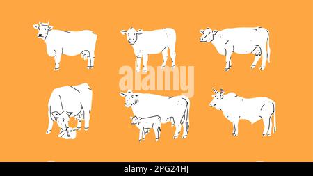 Von Hand gezeichnete Kollektion mit abstrakten Vektoren und Clipart Illustration mit niedlichen Silhouetten von Kuhfiguren. Trendiges, modernes Kunstdesign-Konzept. Vektor Stock Vektor