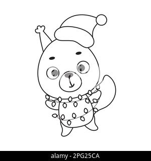 Malseite niedliches Weihnachtshörnchen mit Girlande. Malbuch für Kinder. Pädagogische Aktivität für Kinder im Vorschulalter und Kleinkinder mit niedlichen Kindern Stock Vektor