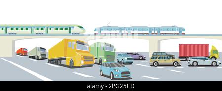 Autobahn mit Expresszug, Lkw und Pkw, Illustration Stock Vektor