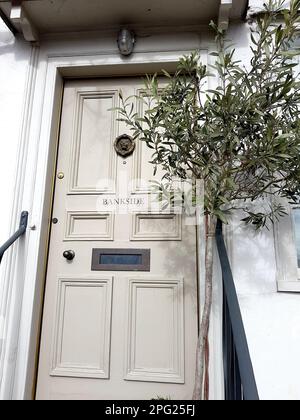 Detail einer traditionellen grauen getäfelten Tür in Essex, Großbritannien. Stockfoto
