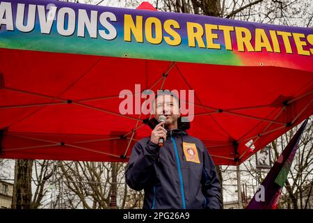 Olivier Besancenot. Treffen der NUPES auf dem Place de Stalingrad in Paris zur Festlegung der Folgemaßnahmen zur Bewegung gegen die Rentenreform.#No russland Stockfoto