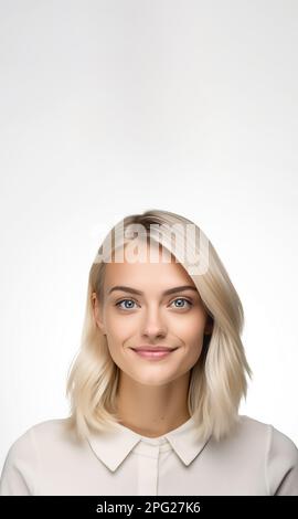 Attraktive Frau mit kurzen, blonden Haaren, die sehr froh ist, lächelt mit breitem Lächeln, zeigt ihre perfekten Zähne, hat Spaß drinnen, Kopierraum, Stockfoto