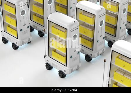 3D Gruppe von Lagerrobotern oder Roboterassistenten liefern Boxen Stockfoto