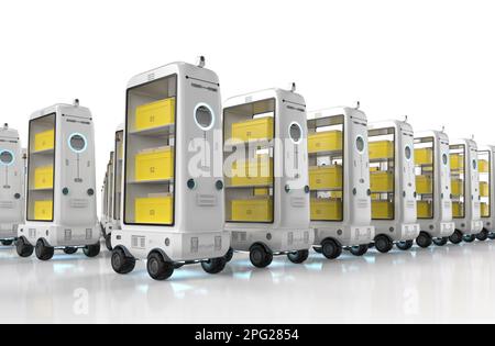 3D Gruppe von Lagerrobotern oder Roboterassistenten liefern Boxen Stockfoto