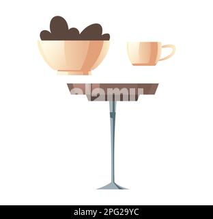 Runde Couchtisch, weiße Tasse und Schüssel mit Cookies Cartoon Vektor Illustration Set, Seitenansicht isoliert auf weißem Hintergrund Stock Vektor
