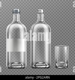 Realistische Vektordarstellung einer Wodka-Glasflasche. Alkoholverpackung mit offenem und geschlossenem Deckel, gefüllt mit klarer Flüssigkeit, mit leerem Etikett und leerem Trinkglas isoliert auf transparentem Hintergrund, Modell Stock Vektor