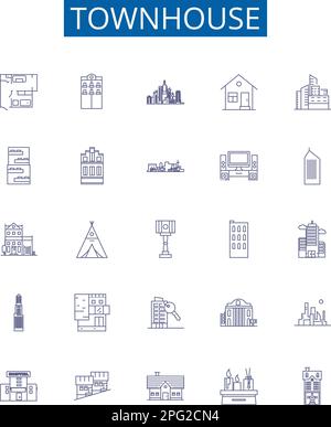 Townhouse Line Icons Schilder gesetzt. Design-Sammlung von Townhouse, Townhouse, Rowhouse, Villa, Cottage, Bungalow, Duplex, Condo Umriss Konzept Vektor Stock Vektor