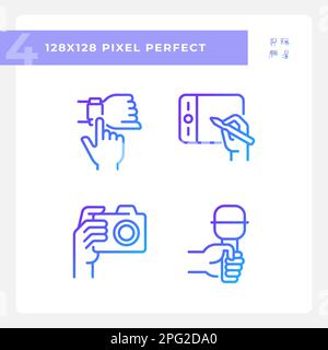 Hände mit verschiedenen Geräten pixeln den Symbolsatz für lineare Vektoren mit perfektem Gradienten Stock Vektor