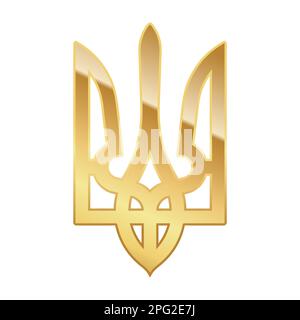 Goldgradient Tryzub. Ukrainisches Wappen im Schild, dreiziger ukrainischer Nationallogo Stock Vektor