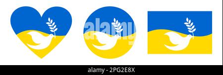 Bete für die Ukraine. Stoppt den Krieg. Herzförmige Ikone mit ukrainischer Flagge. Fliegende Friedentaube mit Olivenzweig-Logo. Weiße Taube. Sag Nein zum Krieg Stock Vektor