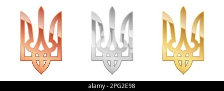 Gold, Silber und Bronze Tryzub. Ukrainisches Wappen im Schild, dreiziger ukrainischer Nationallogo Stock Vektor