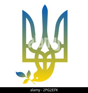 Tryzub mit einer Taube des Friedens. Ukrainisches Wappen im Schild, dreiziger ukrainischer Nationallogo Stock Vektor