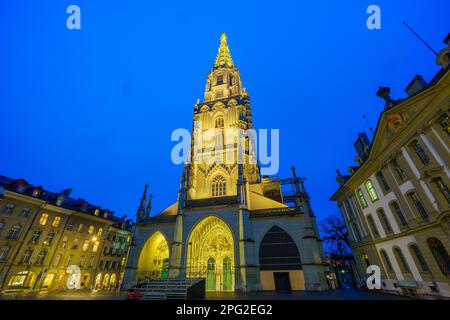 Nachtansicht auf den Dom (Berner Münster) in Bern, Schweiz Stockfoto