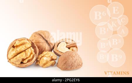 Nahaufnahme frischer Kerne, zerbrochener und ganzer Walnüsse, isoliert auf farbverlaufenem Hintergrund mit Markierungen von Vitaminen in Walnüssen Stockfoto