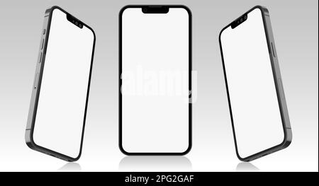 Realistisches Smartphone-Modell. Mobiltelefonvektor mit leerem Bildschirm, isoliert auf weißem Hintergrund, Telefon mit verschiedenen Blickwinkeln. Vektordarstellung. Stock Vektor