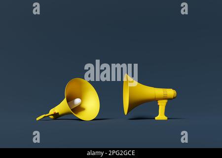 Gelbe Moutpiece-Megafone auf dunkelblauem Hintergrund, 3D-Rendering. Öffentliche Ansprache, Redefreiheit, Protest oder Werbekonzept Stockfoto