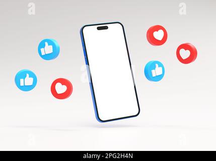 Valencia, Spanien - März 2023: Isoliertes Mobiltelefon-Modell mit leerem Bildschirm und Facebook-ähnlichen Schaltflächen im 3D-Rendering. Social-Media-Postvorlage Concep Stockfoto