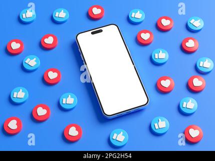 Valencia, Spanien - März 2023: Leerer Bildschirm des iPhone mit Facebook-ähnlichen Schaltflächen auf blauem Hintergrund im 3D-Rendering. Post in sozialen Medien Stockfoto