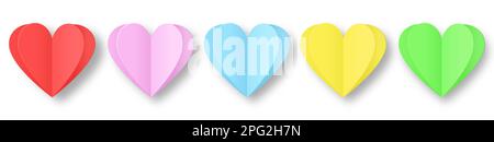 Vektor farbiges Papierherz isoliert auf weißem Hintergrund. Valentinstag. Realistisches Papierherz mit Schatten.Vektordarstellung. EPS 10. Stock Vektor