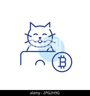 Glücklicher Bitcoin-Benutzer. Lächelnde Katze am Laptop. Pixelgenaue, bearbeitbare Konturlinie Stock Vektor