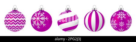 Set aus realistischen lila Weihnachtsbällen mit Ziergegenständen isoliert auf weißem Hintergrund Stock Vektor