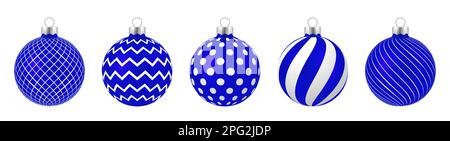 Set aus realistisch blauen Weihnachtsbällen mit Ziergegenständen auf weißem Hintergrund Stock Vektor