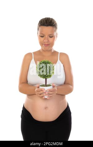 Schwangere Frau zeigt ihren Bauch mit einer Pflanze. Schonen Sie die Umwelt Stockfoto