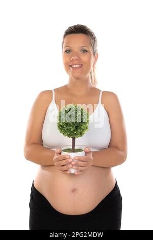 Schwangere Frau zeigt ihren Bauch mit einer Pflanze. Schonen Sie die Umwelt Stockfoto