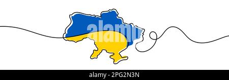 Lineare Karte der Ukraine. Darstellung eines Linienvektors. Kontinuierliche Landkarte. Mit ukrainischen Flaggenfarben. Stock Vektor