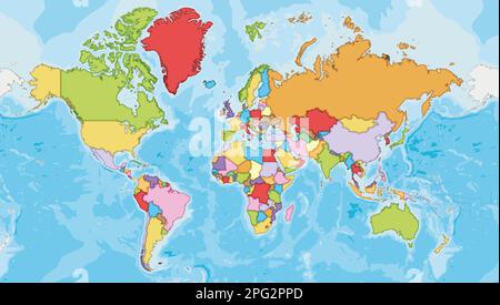 Sehr detaillierte leere Weltkarten-Vektordarstellung mit verschiedenen Farben für jedes Land. Bearbeitbare und deutlich beschriftete Ebenen. Stock Vektor