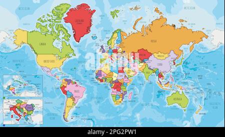 Sehr detaillierte Vektordarstellung der Weltkarte mit verschiedenen Farben für jedes Land. Bearbeitbare und deutlich beschriftete Ebenen. Stock Vektor