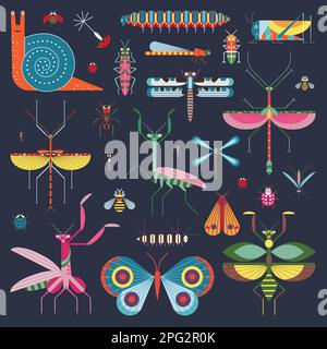 Symbolsatz Wieseninsekten und geometrische Bugs Stock Vektor