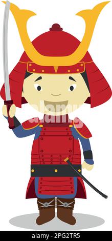 Japanische Samurai-Zeichentrickfigur. Vektordarstellung. Geschichtskollektion Für Kinder. Stock Vektor