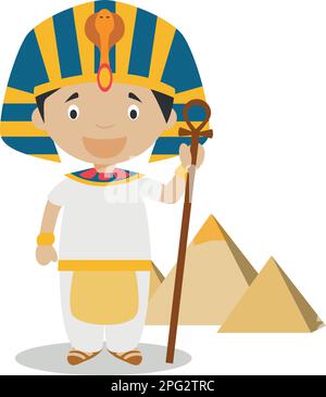 Ägyptische Cartoon-Figur mit Pyramiden von Gizeh. Vektordarstellung. Geschichtskollektion Für Kinder. Stock Vektor