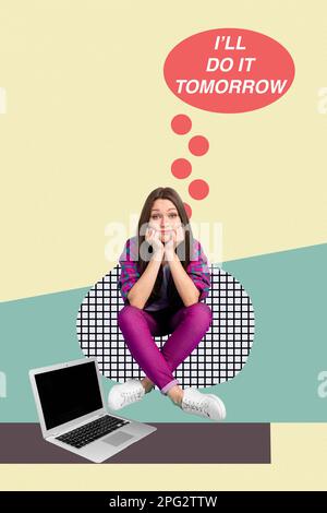 Vertikale Fotocollage kreatives Magazin Bild eines jungen Mädchens frustrierte Aufregung Ermüdung mit dem Laptop, um morgen Aufgaben zu erledigen isoliert auf gezeichnetem Hintergrund Stockfoto
