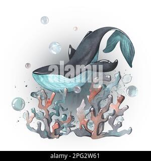 Wale mit Korallen und Wasserblasen im Hintergrund des Ozeans. Aquarelldarstellung. Zusammensetzung aus dem SAMMLUNGSWAL. Zur Dekoration und Stockfoto