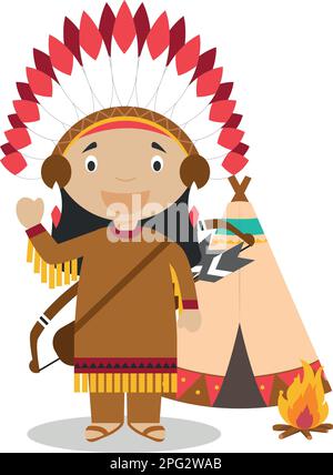 indianische Cartoon-Figur mit typischem Tipi. Vektordarstellung. Geschichtskollektion Für Kinder. Stock Vektor