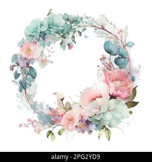 Königsblau, marineblaue Gartenrose, weiße Hortensien, Anemone, Distel, Eukalyptus, Marmorrahmen im Vektordesign. Strukturierte Karte. Eukalyptus, grün Stock Vektor
